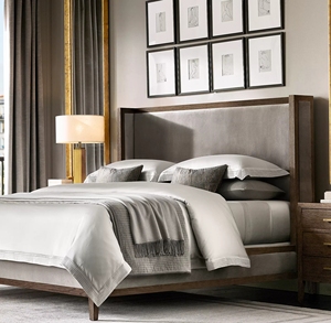 Lit double en bois massif de style américain, avec revêtement en tissu, design simple, personnalisable pour salle d'exposition, hôtel, chambre principale - Product Image 2