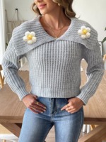 Sweater rajut leher O wanita, Sweater rajut lengan panjang kerah turndown musim dingin untuk perempuan