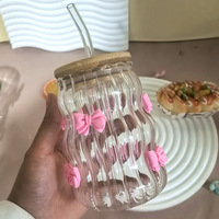 Couvercle mignon de tasse de paille en verre à gros ventre avec motif d'arc rose, tasse de thé au lait durable et résistante à la chaleur pour enfants