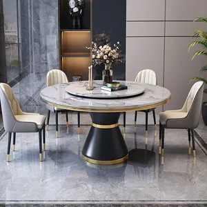 Wholesale price modern dining room metal base two marble top rotating dining table set round dining table with rotating center