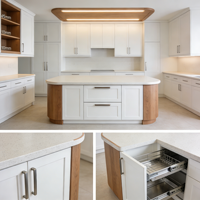 Cuisine contemporaine haut de gamme en U sur mesure avec four encastré, éclairage LED d'ambiance et rangement du sol au plafond