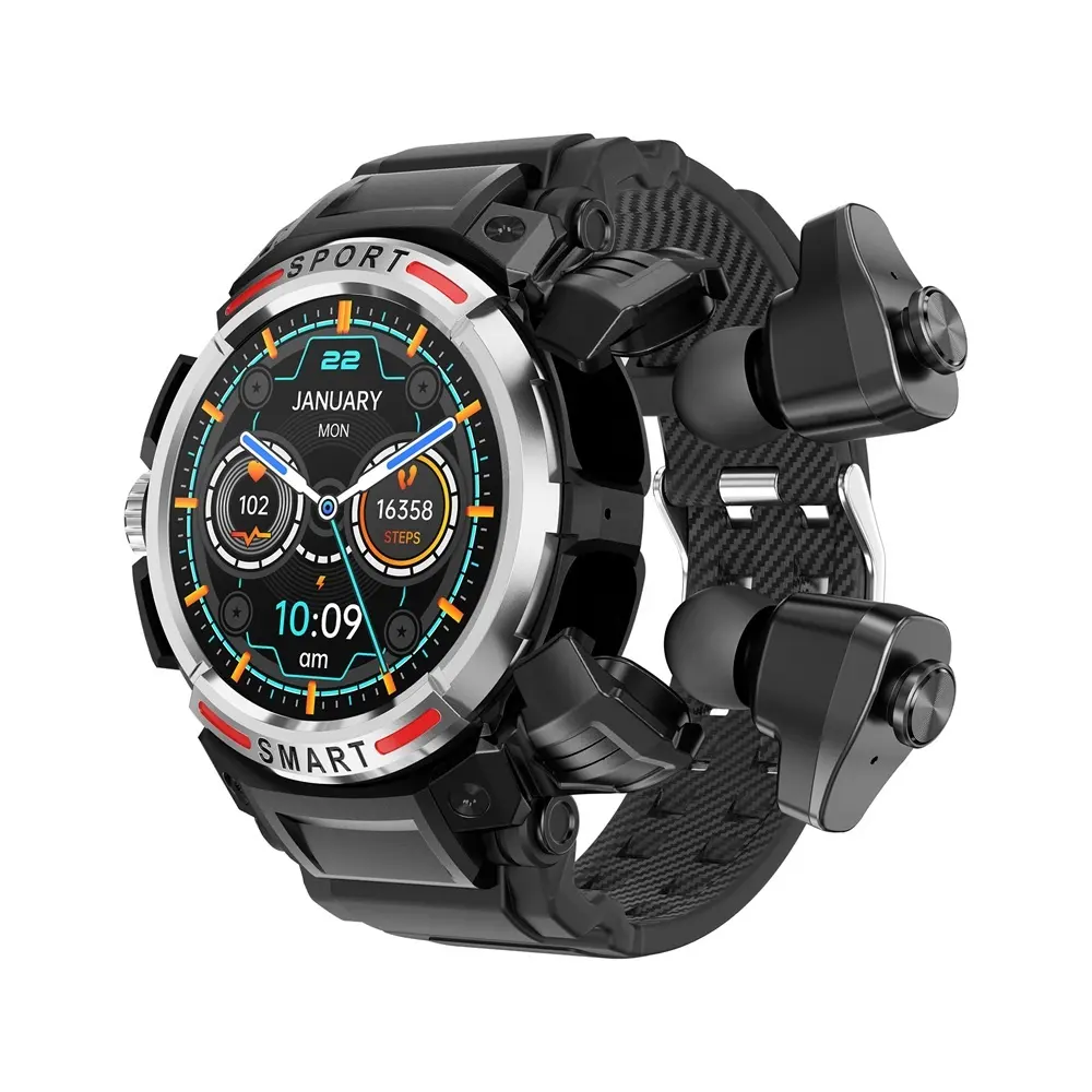 2023 New GT100 2 in 1 Men Smart Watch with TWS Earbuds AMOLED Headset Smart Watch with Music Local Playback Sound Recording