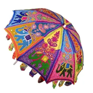Outdoor Sun Shade Patio Umbrella 70" Peacock Embroidered Mandala Garden Parasol 2023 New Indian Hand Printed Cotton Antique