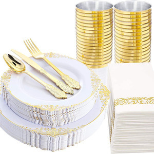 Ychon ensemble de <span class=keywords><strong>vaisselle</strong></span> <span class=keywords><strong>jetable</strong></span> <span class=keywords><strong>or</strong></span> foncé en plastique fête <span class=keywords><strong>vaisselle</strong></span> fournitures assiettes en papier jetables ensemble de <span class=keywords><strong>vaisselle</strong></span> - Product Image 6