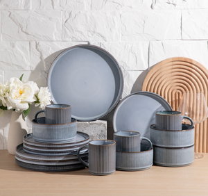 Factory Direct Custom Ribbed Stoneware <b>Dinner</b> <b>Set</b>, Mist Blue Vintage Ceramic Tableware Bulk Wholesale for Restaurant Hotel - Product Image 4