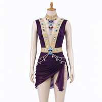 Robe de patinage sans manches pour enfants et adultes, violet foncé, avec bordure dorée et chaîne de strass au dos, pour compétition et spectacle de patinage artistique