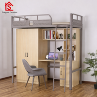Lit mezzanine personnalisé avec bureau, armoire et bibliothèque, structure en métal et bois, mobilier de chambre d'étudiant, vente en gros