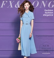 Robe chemise plissée mi-longue bleue style français vintage à manches courtes pour femme FMY71282
