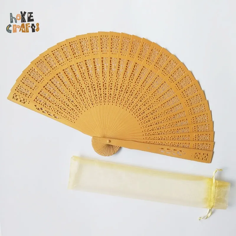 HOYE CRAFTS Custom Logo Folding Wood Fan With Organza Bag Chinese Traditional Fan Wooden Hand Fan