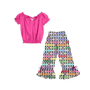 Personnaliser la boutique Vêtements pour enfants pour filles 2 pcs ensemble rose à manches courtes vêtements colorés stylo rayures imprimer Flare ensembles de pantalons