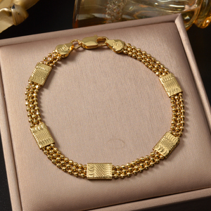 18k <b>gold</b> glossy polished adjustable dainty embossed textured panel multi strand <b>bead</b> chain sturdy luxury unisex <b>bracelet</b> - Product Image 1