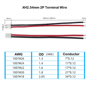 Câble JST Type XH2.54mm à extrémité unique en cuivre étamé, 2 broches, 1007 26 24 22 20 18 AWG, 100mm 200mm 300mm, en stock usine - Product Image 4