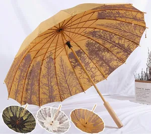 Guarda-chuva clássico chinês de alça longa para presente, guarda-chuva de madeira maciça com alça reta para abrir automaticamente, estilo japonês, mais vendido