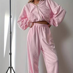 Set da <span class=keywords><strong>donna</strong></span> in due pezzi di <span class=keywords><strong>maglia</strong></span> sportiva in puro colore <span class=keywords><strong>con</strong></span> <span class=keywords><strong>ZIP</strong></span> e pantaloni larghi - Product Image 1