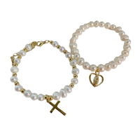 Bracelet vintage doré brillant avec perles imitation nacre, breloque croix, élastique, extensible, tendance, minimaliste, pour femme, cadeau