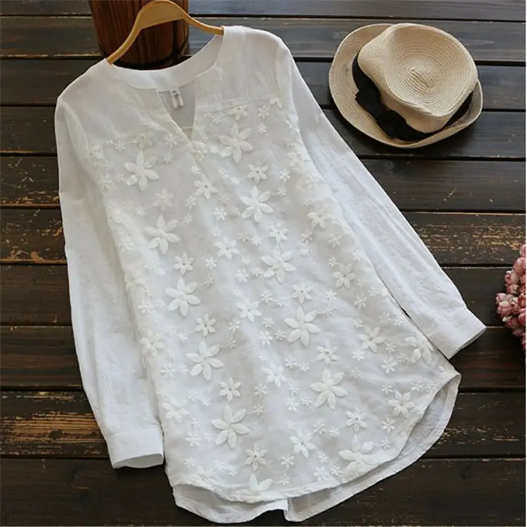 CB02 Lace Embroidered Shirt Plus Size Tops Loose Long Sleeve T-shirts For Women Fashionable White Mesh Blouses