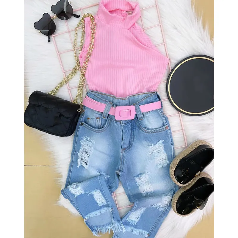 Conyson Wholesale Kids Clothes Fashion Summer Kids Girls Clothes Sets 2pcs Off Shoulder Halter Solid Tops Hole Blue Denim Pants