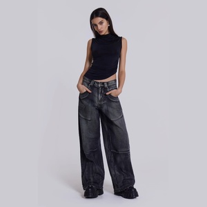 Señoras Casual Old Gradient Wing Print American Retro Loose Wide Leg Denim Desgastado Lavado Cintura media Temporada de verano Logotipo frontal - Product Image 1