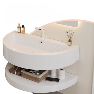 Meuble de salle de bain mural intelligent avec miroir LED et lavabo circulaire style crème pour hôtel - Product Image 6