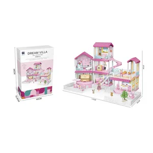 Wholesale Children Fun And Creative Enlightenment House Toys Diy Assembled Pink Doll Dream Villa House With 3 Dolls And Lights