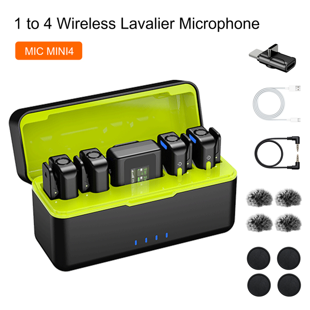 Professional 4 in 1 Mini Wireless Lavalier Microphone AI Noise Reduction 300m Range Stereo Mic for iPhone Android PC Outdoor