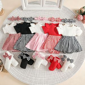 Completo Set Estivo 2026 per Bambine: Gonna Pied-de-Poule, Calzini e Copricapo in Cotone Traspirante con Maniche Volanti a Manica Corta - Product Image 1