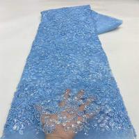 Tissu en dentelle brodée de perles africaines noires et de sequins, couleur foncée, pour robe femme, 100% polyester tricoté