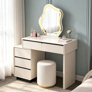 Coiffeuse moderne blanche avec miroir LED, meuble de rangement et tabouret pour chambre à coucher - Product Image 4