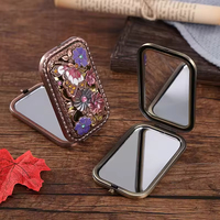 Miroir de poche compact vintage à motif floral en émail, double face, avec strass, pour femmes, cadeau de maquillage de voyage