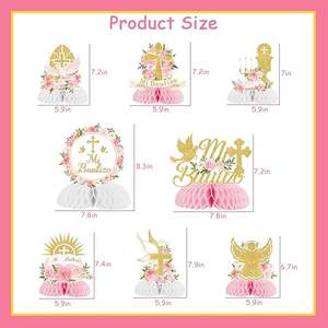 8 Piezas de Centros de Mesa de Panal de Abeja para Bautizo, Decoraciones para Baby Shower de Niñas, Color Rosa Floral, <span class=keywords><strong>Dios</strong></span> Bendiga, Primera Comunión - Product Image 2