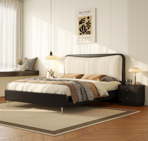 Minimalist Oak Queen Bed <b>Frame</b> with Upholstered Headboard and Plywood Panel Design - Product Image 5