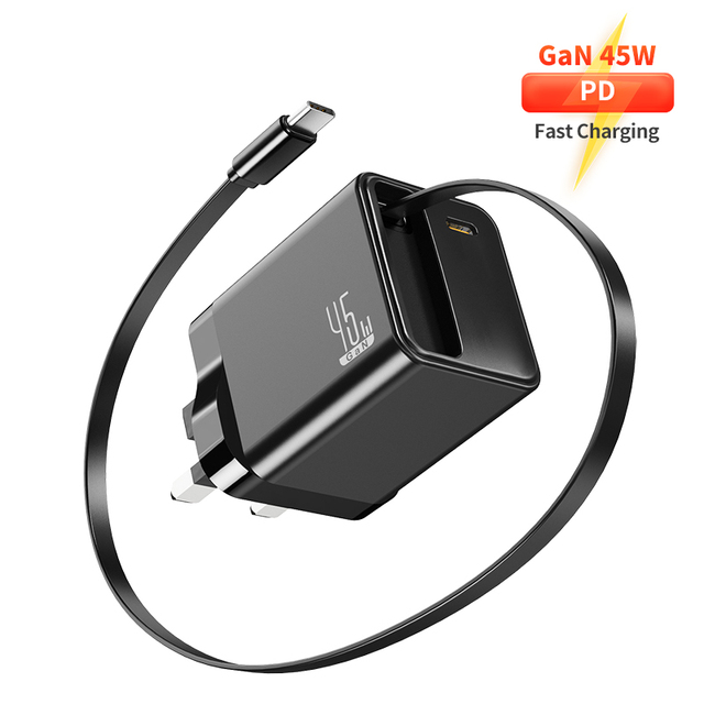 45W GaN PD Q C3.0 USB C Retractable Charger With Cable Dual Port Fast Charging Adapter for iPhone Samsung Dynamic Power