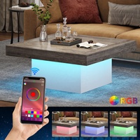 Table basse convertible moderne carrée avec lumières LED, 35 pouces, salon, table centrale en bois gris et blanc pour la maison