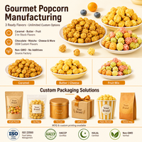 Grand bonbon en bouteille en forme d'ours, pop-corn crémeux au caramel et aux fruits, disponible en trois saveurs. Non-OGM. Sans graisses trans. Emballage personnalisable.