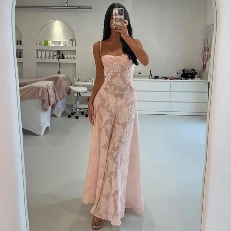Gaun Cantik Lucu Gaun Maxi Renda Pesta Butik Pakaian Wanita Pink Grosir Gaun Musim Panas 2023