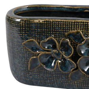 Vaso ovale in ceramica con applicazioni floreali per uso interno ed esterno, vaso decorativo in gres per piante. - Product Image 6