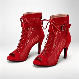 Red Mesh Jazz Latin Dancing Shoes Hollow Gladiator Ankle Jazz Sandals Modern Waltz Ballroom Dance Party Stiletto Boots - Product Image 1