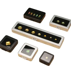 Luxo Quadrado Retângulo Gem Stone Box Embalagem Tampa De Vidro Com Esponja Caixa De Exposição De Diamante De Jóias De Aço Inoxidável