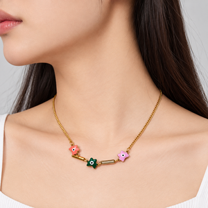Collar de Cadena con Flores Esmaltadas Multicolor, Acero Inoxidable, Chapado al Vacío en Oro de 14K, 460 mm + 60 mm, 6.8 g - Product Image 5