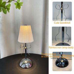 Cross-border pleated fabric retro <b>table</b> lamp with bow decoration, LED cute girly romantic creative rechargeable night light - Product Image 2
