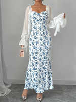 Robe longue femme automne florale respirante, coupe ajustée, col en U, tricotée, manches à volants, taille haute, sexy, style club, pour le quotidien, coupe crayon, dos nu