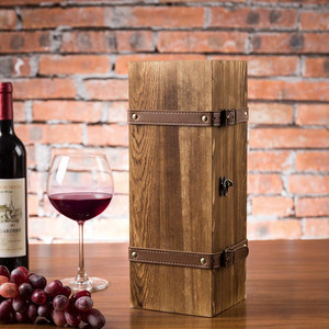 Caja de regalo de vino de una sola botella Vintage, correas de cuero sintético MDF de madera marrón, paquete impreso con láser para whisky, cerveza, champán, Brandy - Product Image 5