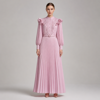 Robe longue plissée rose pâle pour femme, col mandarin, manches évasées, brodée, tenue modeste pour l'Aïd, vente en gros, nouveauté boutique