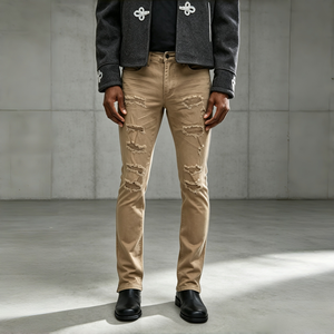 Pantalones Vaqueros Ajustados Color Caqui Premium con Detalles Desgastados y Rotos para un Estilo Casual Diario - Product Image 1