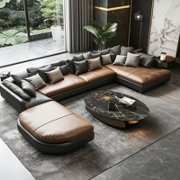 Canapé d'angle modulaire en cuir en forme de L, en bois massif, bicolore, pour salon de villa, mobilier de maison moderne de luxe léger