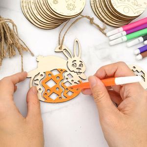 Œuf de Pâques en bois fait main en gros avec corde de chanvre, copeaux de bois gravés en forme de lapin pour décorations de fête, livraison directe - Product Image 2