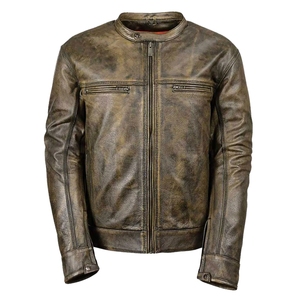 Chaqueta de Cuero Genuino para Hombre, Estilo Motero, Color Marrón Desgastado, Cierre de Cremallera, Cuello Alto - Chaqueta de Cuero Marrón Desgastado - Product Image 6