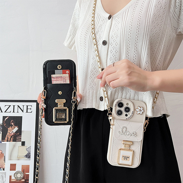 Perfume Bottle Mirror With Crossbody Coin Purse Card Holder Rhinestone Love Phone Case for iPhone 17 Promax 16 Plus 15 14 13 12