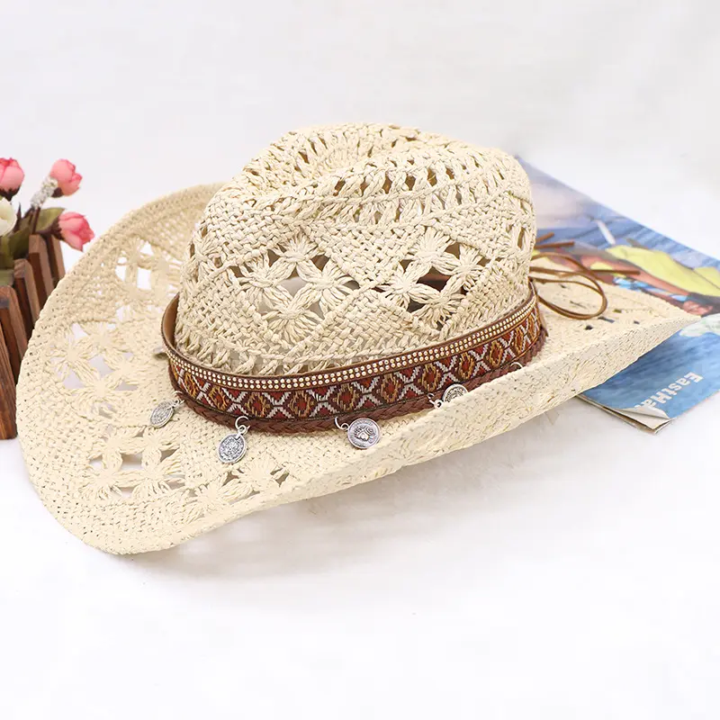 Chapeau de cowgirl blanc strass personnalisé mini charm chapeaux plaine noir femmes paille led bébé fête turquoise de haute qualité