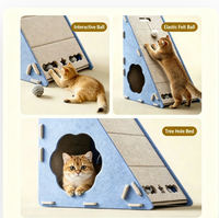 Maison à gratter triangulaire pour chat avec boule suspendue, en polyester. Surface en sisal, double usage pour le repos et le jeu